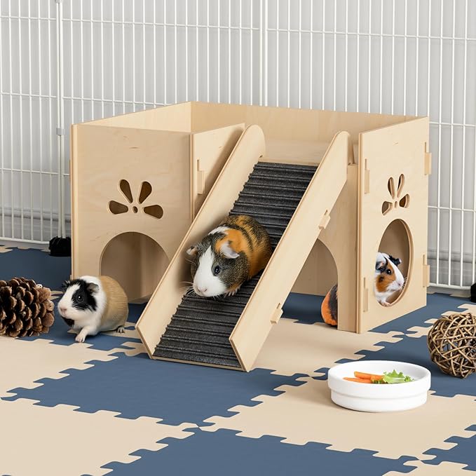 Guinea Pig Hideout House, Basic Large Wooden Hamster House with Climbing Ladder & Multi-Holes, Bunny Castle Tower Toy for Guinea Pig Chinchilla Gerbil Hedgehog Small Animal House Habitat Hut