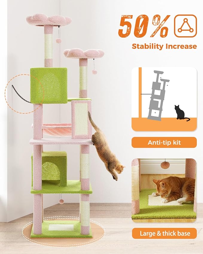 Flower Cat Tree, 70.9" Tall Cat Tree for Indoor Cats, Large Cat Tree for Large Cats, Multi-Level Tall Cat Tower with 6 Scratching Posts, 2 Cat Condos, 2 Perches, Large Hammock, Pompoms, Pink