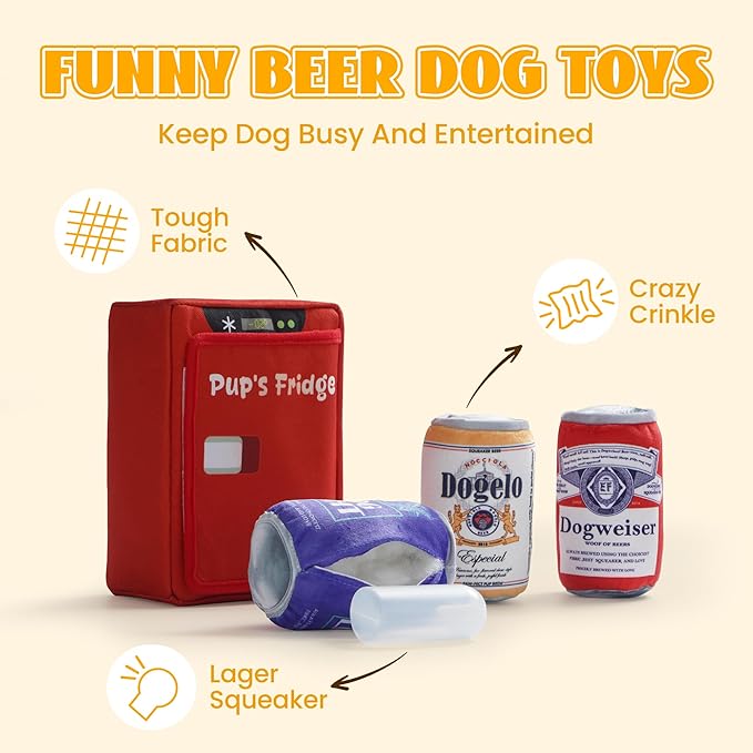 Nocciola 3 Packs Funny Beer Dog Toys with a Fridge, Interactive Hide and Seek Pet Supplies for Small Medium Large Breeds, Squeaky Crinkle Plush Stuffed Chew Toys for Mental Stimulation Anxiety Release