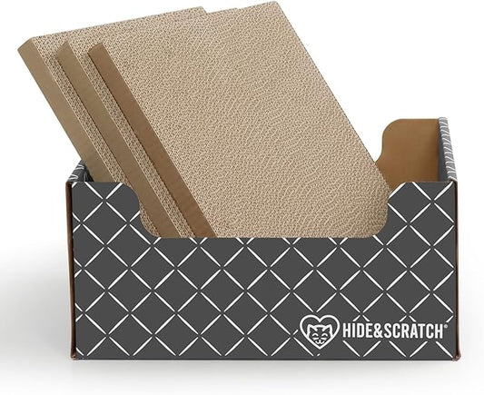 HIDE & SCRATCH Cardboard Cat Scratcher; Cat Scratcher Box and Bed with Refillable Double-Sided Cardboard Scratch Pad for Indoor Cats