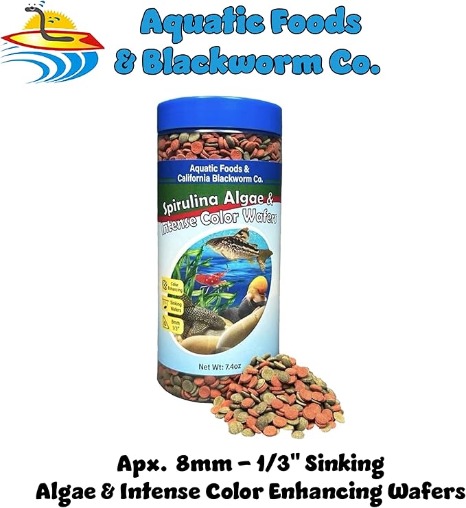 Aquatic Foods Inc. 8mm - 1/3" Small Sinking Wafers of Spirulina, Algae & Color Enhancing Wafers for Bottom Fish, Shrimp, Snails & Tropicals. 4-Type Wafer & 12-Type Pellet Mix Included..12oz Canister
