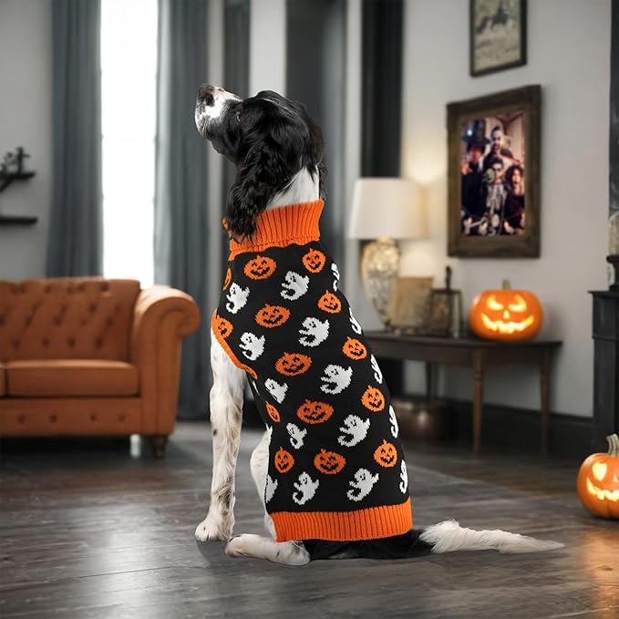 Vehomy Dog Halloween Sweater Pet Pumpkin Ghost Costume Cat Pumpkin Turtleneck Knitwear Shirt Pullover Dog Puppy Halloween Sweaters Clothes Outfits for Cats Small Medium Large Dogs M