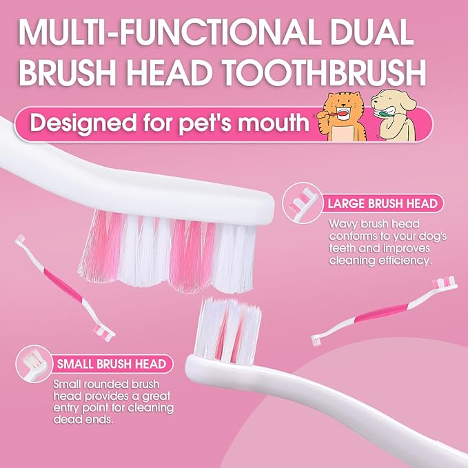 Dog Toothbrush – Newly Upgraded Dual-Head Design with 60° Wavy Bristles – Gently Surrounds Teeth for Deep Cleaning and Plaque Removal – Non-Slip Handle, Ideal for Daily Pet Dental Care (Pink, 1-Pack)
