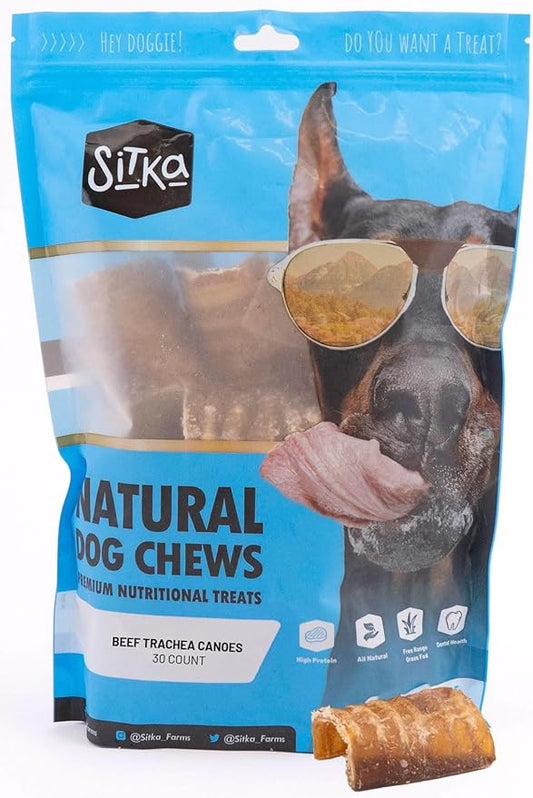 Sitka Farms Beef Trachea Canoes 3" Split Trachea - 30 Count - 100% Natural Source of Glucosamine & Chondroitin - High Protein Premium Dog Treat for Small Medium & Large Dogs