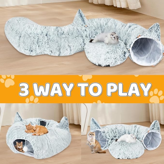 Plush Feline Tunnel Bed with Central Cushion - Indoor Cat Tunnels - Donut-Shaped Cat Bed with Anti-Slip Base - Spacious Cat Tunnel Hideaway for Kittens, Rabbits, Puppies, Ferrets