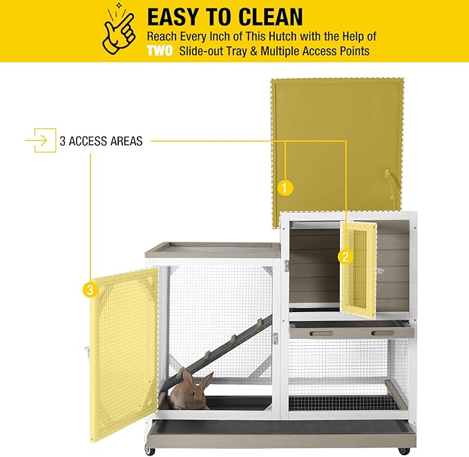 Rabbit Hutch Cage Outdoor and Indoor Bunny Hutch on Wheels with Two Deeper No Leak Trays, Guinea Pig Cages Rabbit House (Matcha Color)