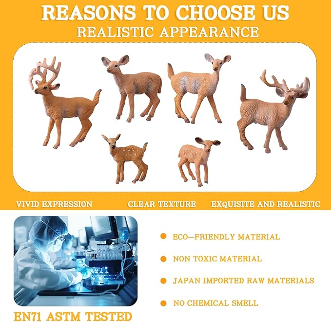 Deer Animal Figures, 6PCS Realistic Plastic Woodland Figurines – Forest Animal Toys for Kids, Christmas Decorations, Birthday Cake Toppers, Educational Gifts