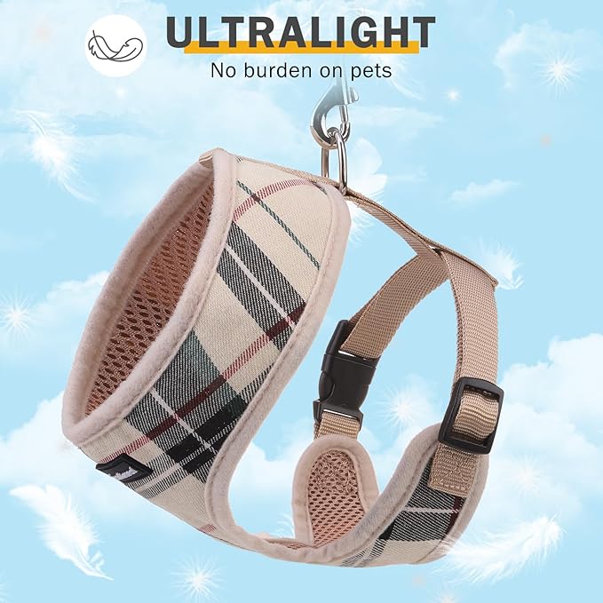SCENEREAL No Pull Small Dog Harness Collar and Leash Set, Soft Mesh Step in Plaid Puppy Harnesses for Fall Winter, No Chock Adjustible Pet Vest for Outdoor Walking Training and Running, Beige S