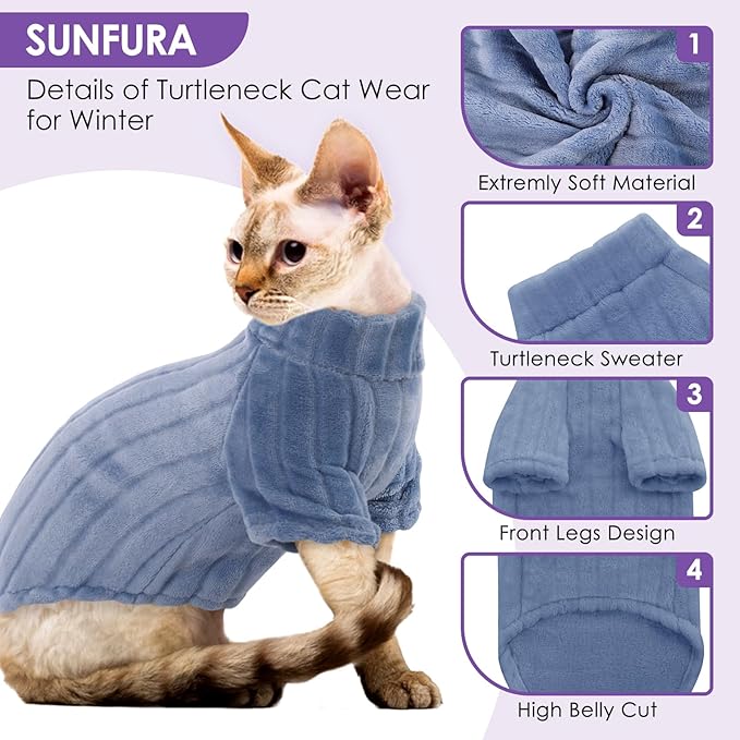SUNFURA Sweaters for Cats, Hairless Sphynx Sweater Kitten Pullover with Sleeves, Warm and Soft Cat Pajamas Fleece Sweatshirt Jumpsuit, Turtleneck Clothes for Fall Winter, Blue S