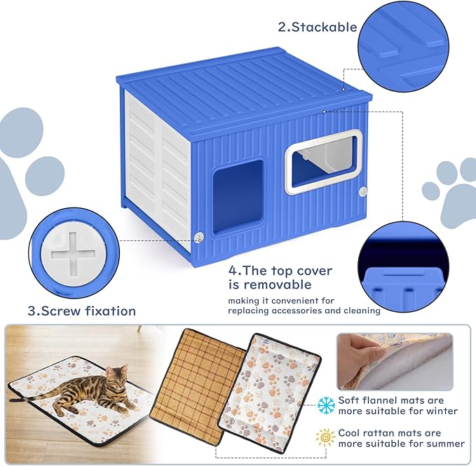 Plastic Cat House for Outdoor Indoor Use, Stackable Feral Cat Shelter Indoor Cat House Weatherproof Waterproof Elevated, with 2-Sided Cushion (Blue White)