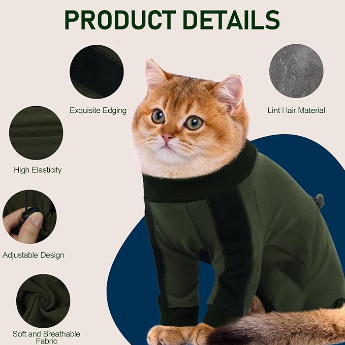 Cat Pajamas for Cats Only, Sticky Hair Cat Clothes, Long Sleeve Sphynx Clothes, Anti-Licking or Skin Disease Recovery Suit for Female Cats, Kitten Onesie Pajamas, ArmyGreen, M