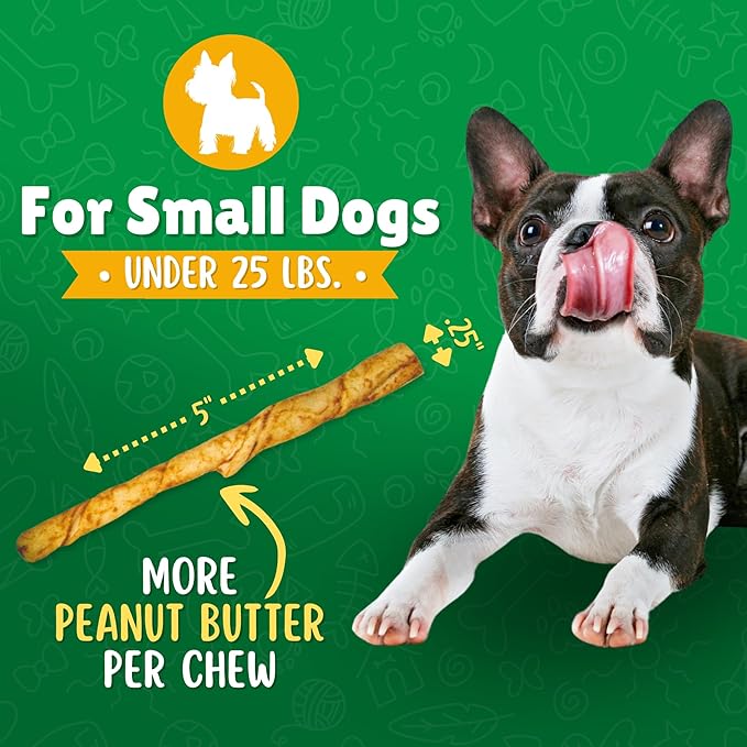 Peanut Butter Rawhide Twist Sticks Dog Treats – 125ct. Premium Rawhide Chew Sticks – Long Lasting Peanut Butter Flavored Chews for Small Dogs Made in USA with Natural Beef Hide