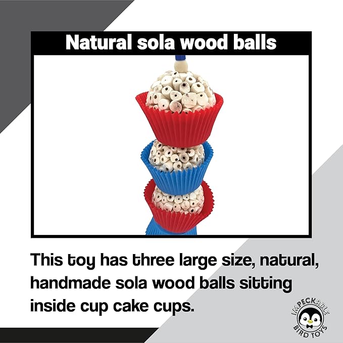 1932 American Sola Cake Stack Bird Toy with Sola Wood Paper Cups Beads and Bell for Chewing Fun, Handcrafted for Conures Quakers and Other Medium Pet Birds