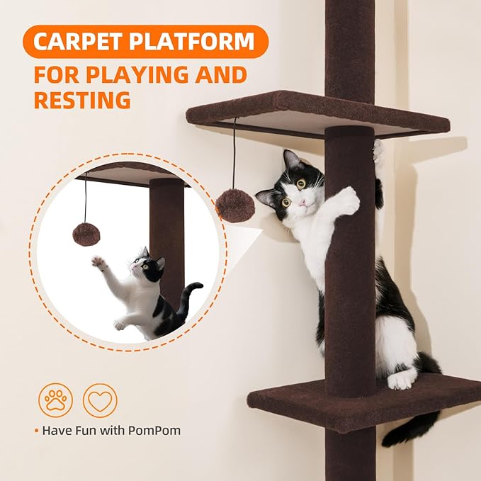 Cat Tree Floor to Ceiling Cat Tower 5-Tier Carpet Kitten Tree Cat Climbing Tower with Adjustable Height 98"-108", Tall Cat Trees with Platforms and Dangling Balls for Indoor Cats, Coffee