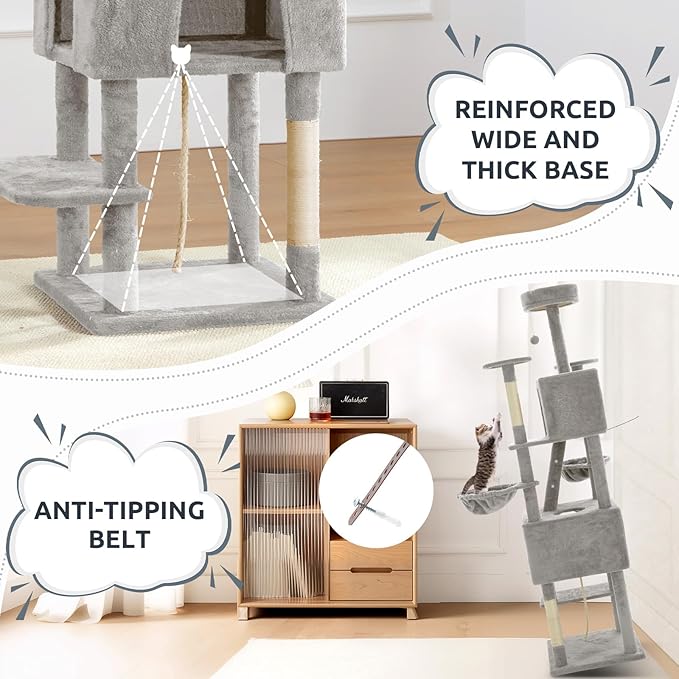 75.5" Cat Tree Tower for Indoor Cats Large Adult,Tall Modern Cat Tree for Big Cats, Plush Multi-Level Cat House Condos with Scratching Posts, Hammocks, Ladder (Light Grey)