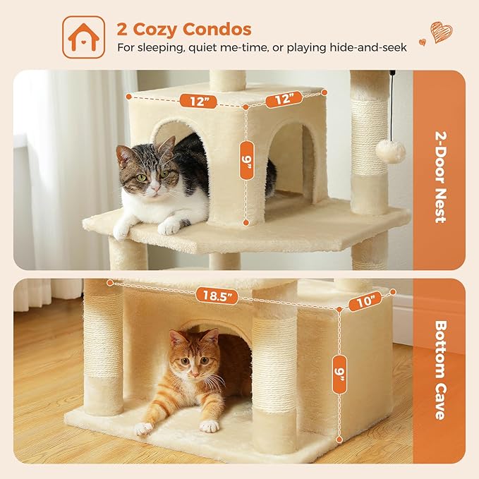 64.5-inch Multi-Level Cat Tree for Indoor Cats with Large Metal Frame Hammock - Plush Cat Tower with 2 Top Perches, 2 Condos, 7 Scratching Posts & Pompoms, Sturdy Pet House Toys, Beige