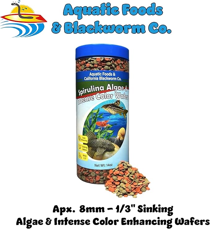 Aquatic Foods Inc. 8mm - 1/3" Small Sinking Wafers of Spirulina, Algae & Color Enhancing Wafers for Bottom Fish, Shrimp, Snails & Tropicals. With 4-Type Wafer & 12-Type Pellet Mix ...1-lb 5oz Canister