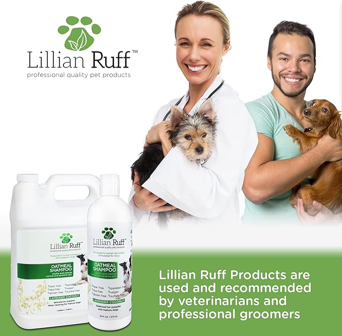 Lillian Ruff PRO Formula Deodorizing Oatmeal Dog Shampoo - Calms Itching & Allergies, Ultra-Nourishing Dry Skin Relief - Oatmeal, Aloe, Coconut Oil, Lavender & Provitamin B5 - Made in USA Gallon+Pump