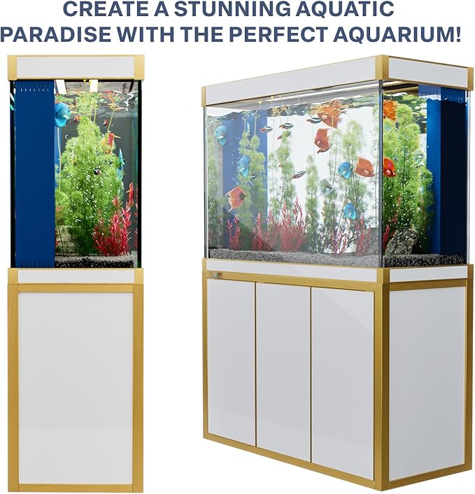 135 Gallon Aquarium Fish Tank with Upright Fishtank Stand Water Pump Freshwater Filter LED Bundle and Straight Corners Clear Glass - White with Gold Trims
