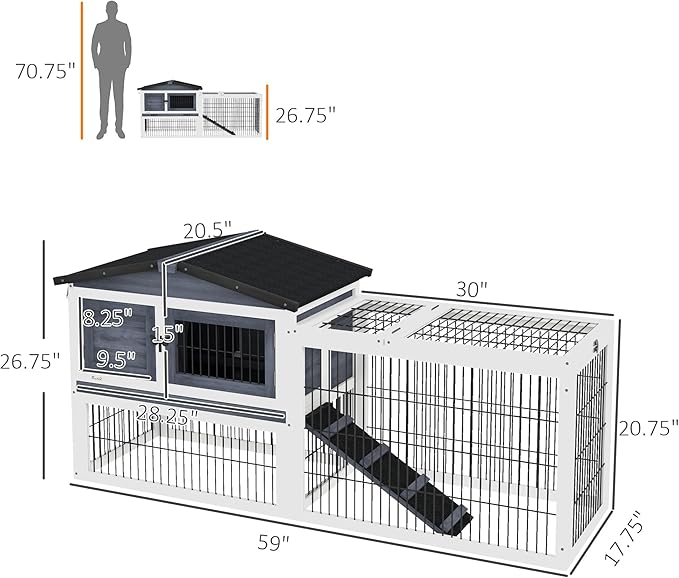 PawHut 2 Levels Outdoor Rabbit Hutch with Openable Top, 59" Wooden Large Rabbit Cage with Run Weatherproof Roof, Removable Tray, Ramp, Dark Gray