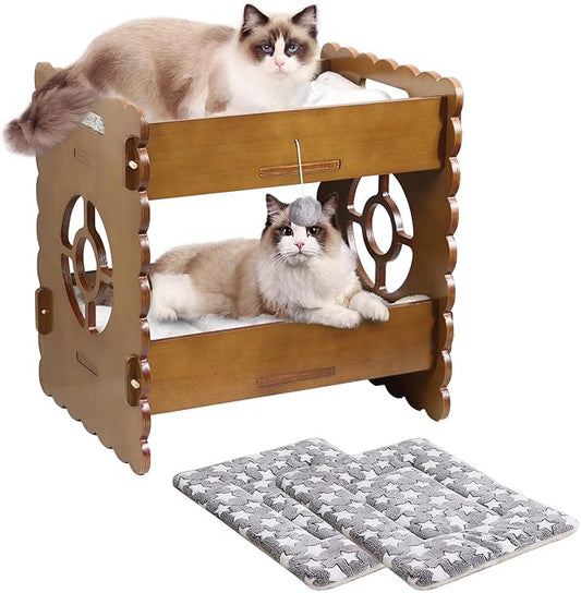 Wooden Cat Bed,Elevated Cat Bed Furniture,Cat Bunk Beds for 2 Indoor Cats,Wood Cat Condo with Mattress,Protect Cat's Hip Joint,All Seasons,Sturdy and Durable(19.7"x15"x19.2",Brown)