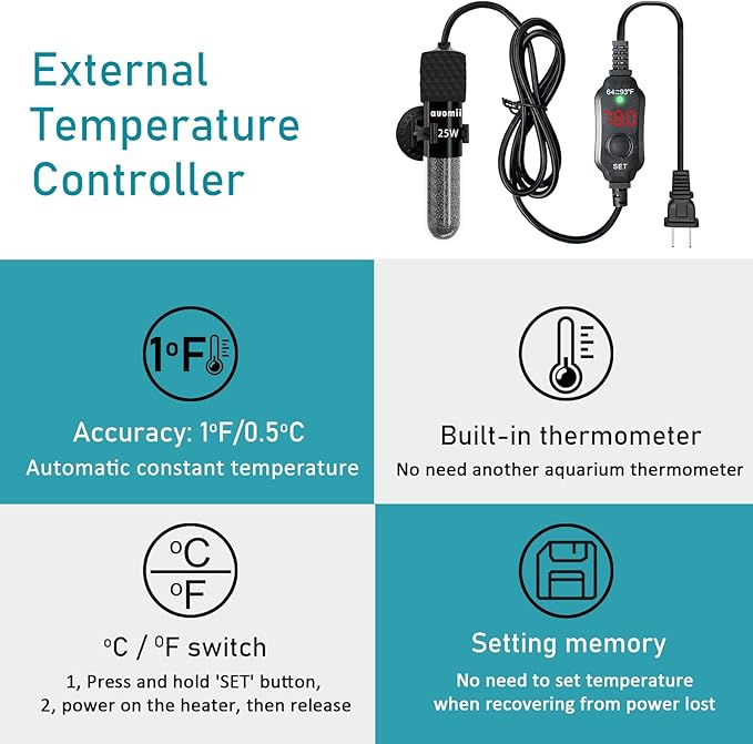 Small Submersible Aquarium Heater,Adjustable Mini Fish Tank Heater 25/50/100/150/200/300 Watts with External Temperature Controller, LED Display, Smart Memory, Used for 1-60 Gallons (150W)