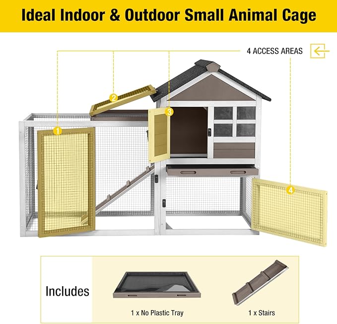 Aivituvin 51.6''L Rabbit Hutch Outdoor Chicken Coop Indoor Bunny Cage with Run,Guinea Pig House Pull Out Upper Tray (51.6" L x 25.2" W x 36.2" H, Brown-1 Set)