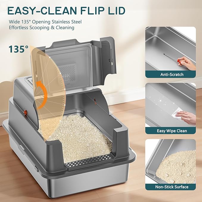 Stainless Steel Litter Box with Lid, 28" XXXL Large Cat Litter Box Enclosed for Multiple Cats, Odor Control with Carbon Filters, Anti-Leak High Sided, Includes Removable Lid & Scoop, Dark Gray