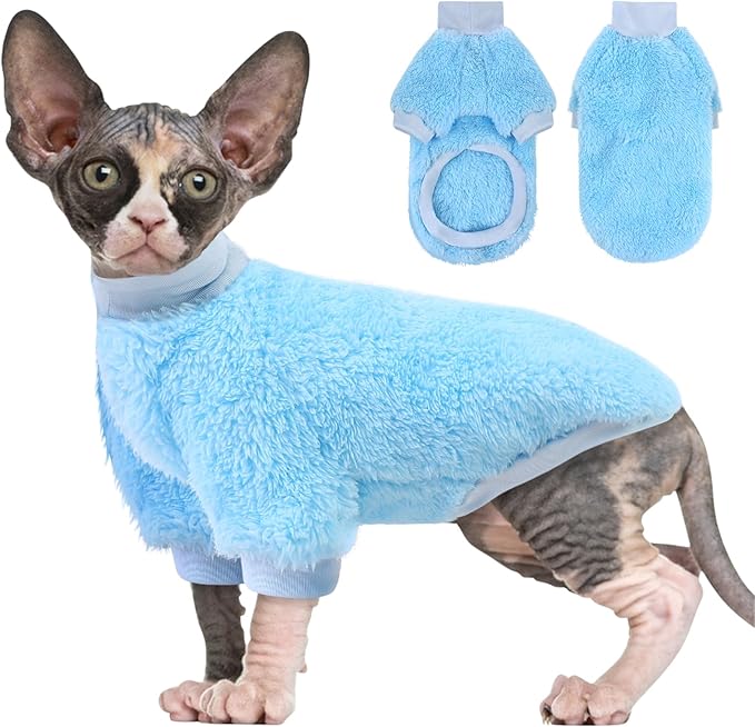 SUNFURA Sphynx Cat Sweater, Hairless Cats Turtleneck Pullover Kitten Sweaters for Cats Only, Warm and Soft Cat Pajamas Shirt with Sleeves Pet Winter Clothes Fleece Jumpsuit for Puppy, Blue L