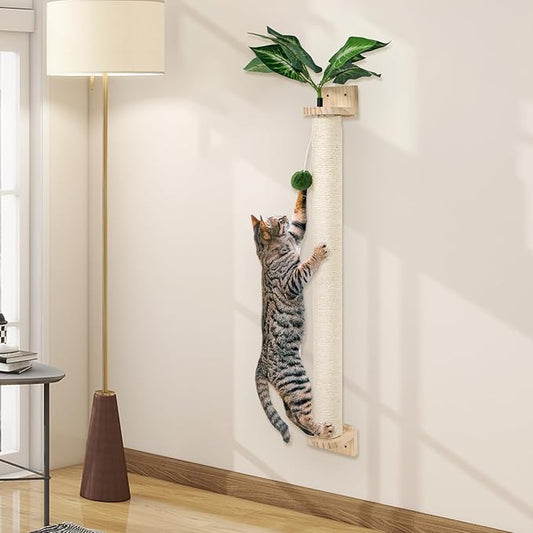 Wall-Mounted Cat Scratching Post with Hanging Ball, Cat Climbing Perch with Sisal & Plush, Space-Saving Cat Tree for Indoor Cats Adult