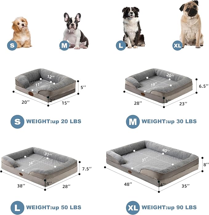 Cooling Pet Bed for X-Large Dogs and Cats, Waterproof Orthopedic Dog Sofa Bed, Supportive Foam Pet Couch Bed with Washable Removable Cover, Waterproof Lining and Nonskid Bottom(XL, Grey)
