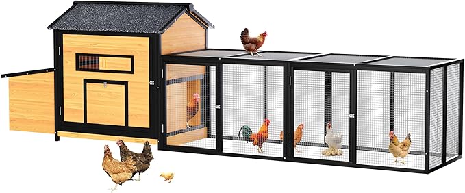 118" Extra Large Wooden Chicken Coop Outdoor Hen House with Dual Nesting Box, Leak-Proof Pull-Out Tray & Asphalt Roof – Predator-Proof Backyard Poultry Cage for Chickens and Small Farm Use Natural