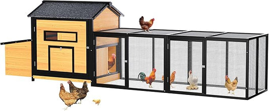 118" Extra Large Wooden Chicken Coop Outdoor Hen House with Dual Nesting Box, Leak-Proof Pull-Out Tray & Asphalt Roof – Predator-Proof Backyard Poultry Cage for Chickens and Small Farm Use Natural