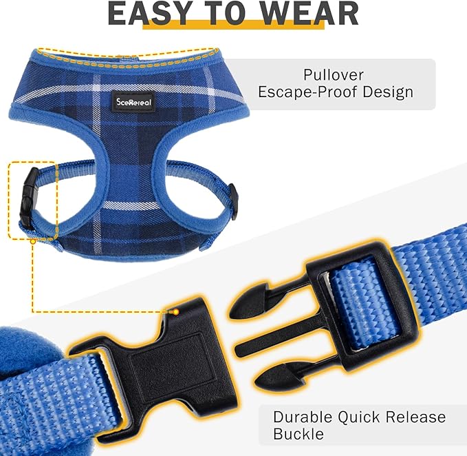 SCENEREAL Puppy Dog Harness with Leash Set for Small Medium Sized Dogs, Soft Mesh Step in Pet Harnesses and Leash, No Chock Plaid Adjustible No Pull Vest for Dogs Cats, Chihuahua,Bulldog (Blue S)