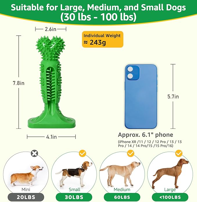 Dog Chew Toy for Teeth Cleaning, Natural Rubber Toothbrush Stick with 360° Bristles, Durable Dog Toys for Aggressive Chewers, Interactive Dental Toy for Medium and Large Dogs (Green)