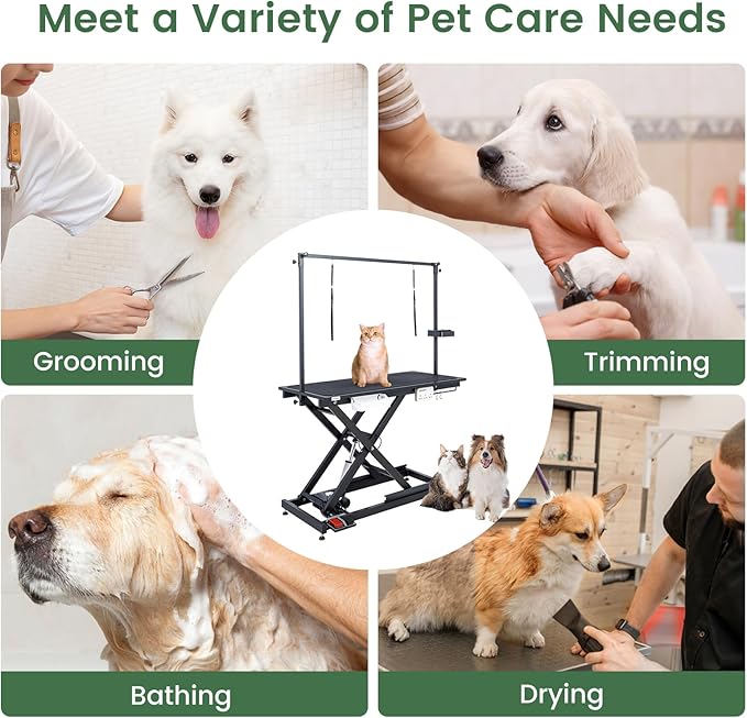 Electric Lift Pet Dog Grooming Table, 50Inch Height Adjustable Grooming Table for Large Dogs with Two Nooses, Wireless Remote, Tool Organizer, White