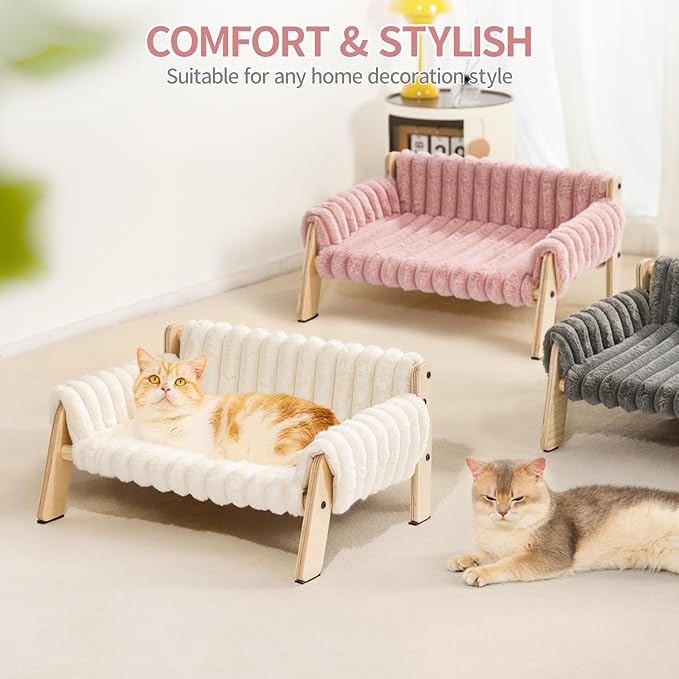 MEWOOFUN Cat Couch Bed, Pet Sofa for Indoor Cats Wooden Indoor Elevated Cat Beds with Removable Mattress Cover Suitable for Kitty, Puppy or Small Animal (Pink, Medium)