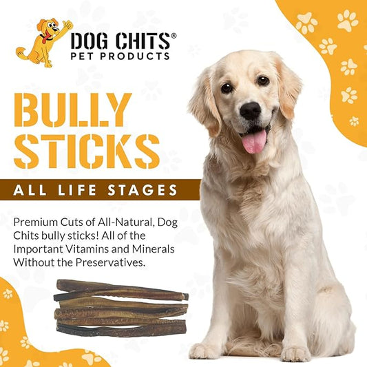 Dog Chits Bully Sticks for Dogs and Puppies | 12-inch, 6 Pack | Natural Healthy Long Lasting Chew for Large and Small Dogs Protein Treats | Odor Free