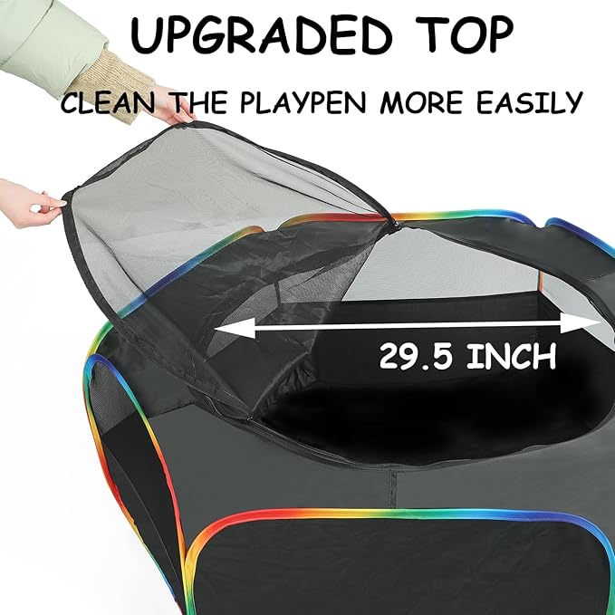 LUCKITTY Small Animal Playpen, Chick Brooder Box, Guinea Pig Hamster Indoor Playpens & Outdoor Pet Cage Tent with Cover Top, for Kitten/Ferret/Hedgehog/Rabbit/Duckling, Black & Rainbow