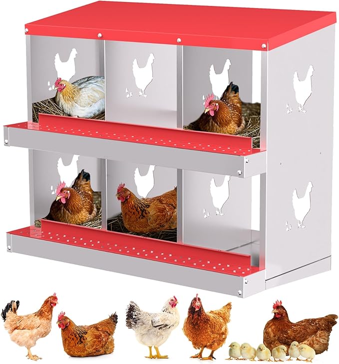 6 Compartments Chicken Nesting Box,Metal Chicken Egg Laying Box, Nesting Boxes,Easy Egg Collection, Easy Cleaning（Red）