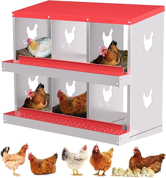 6 Compartments Chicken Nesting Box,Metal Chicken Egg Laying Box, Nesting Boxes,Easy Egg Collection, Easy Cleaning（Red）