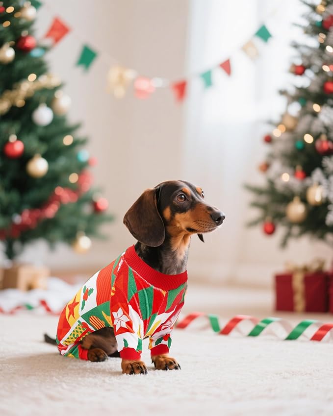 PET SHOW 4 Pack Christmas Small Dog Pajamas Holiday Dog Clothes for Medium Dogs Girl Boy Soft Stretchy PJs Xmas Jumpsuit Puppy Cats Onesies Red Green Outfits with Sleeve Pets Dachshund Costume L