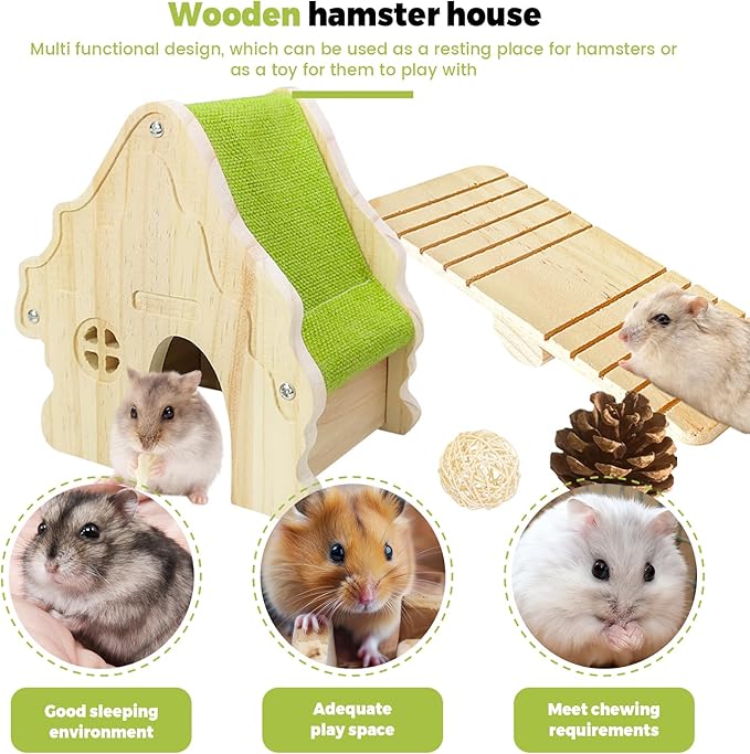 Wooden Hamster Platform and Dwarf Hamster House, Cute Syrian Tiny House Hideout, Small Animal Pet DIY Accessories for Rats, Gerbils & Small Pets (Detachable)