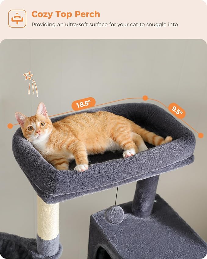 Cat Tree for Large Cats Adult with Super Large Top Perch, 56.3" Cat Tower for Large Cats with Plush Hammock, Cat Shelves and Dangling Pompom, Cat Scratching Posts and 2 Condos House, Dark Gray