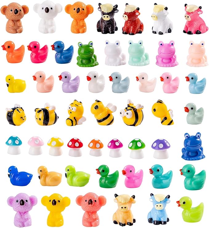 52pcs Mini Resin Animal Figures Bulk Duck Mushroom Frog Tiny Resin Animals Little Small Figures Miniatures for Party Favors Bag Fillers Dollhouse Decor