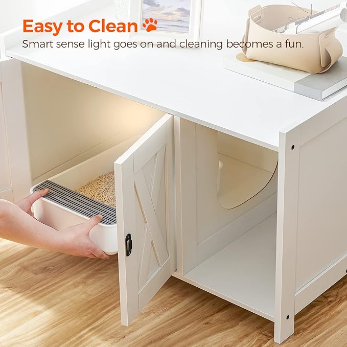 Cat Litter Box Enclosure, Hidden Litter Box Furniture with Divider, Indoor Cat House, Wooden Cat Washroom Storage Cabinet Bench, for Living Room, Bedroom, White CWWT2501