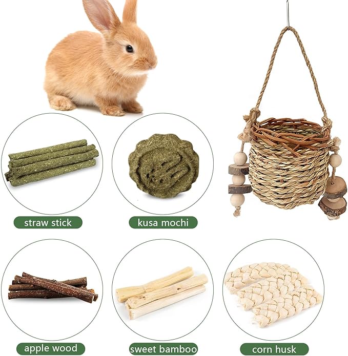 Rabbit Chew Toys,Natural Seagrass Hanging Chew Toy,Woven Water Plant Treat for Rabbits,Guinea Pigs and Other Small Pets TeethTeeth Grinding Accessory