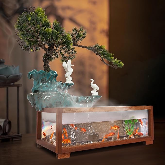 Antique-Style Tabletop Water Fountain with Fish Tank & Atomizer - Desktop Decor with Crane Statues, Simulated Pine, LED Light & Feng Shui Symbolism for Indoor Home/Office Decoration