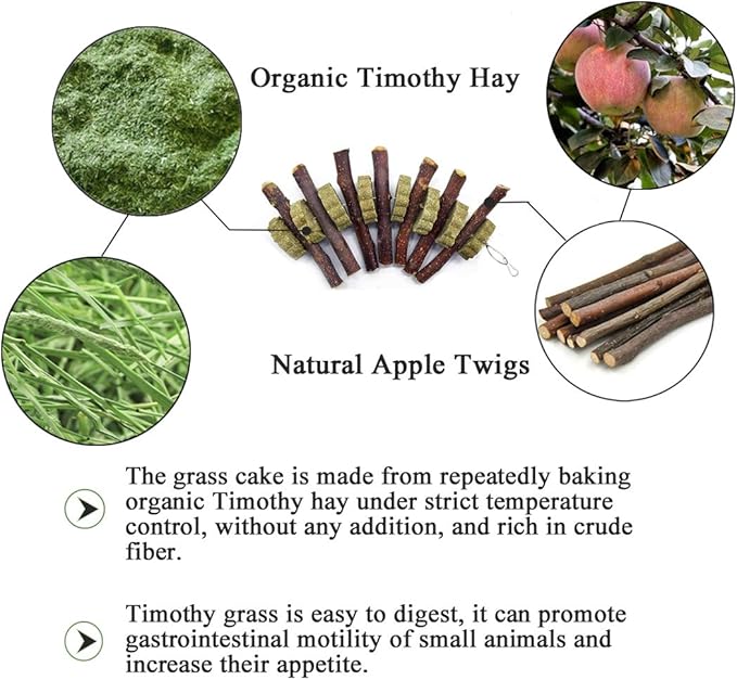 3Pieces Bunny Chew Toys for Teeth Natural Fruit Twigs Handmade Timothy Alfalfa Hay Grass Cakes for Guinea Pigs Hamsters Dwarf Rabbits Chinchillas Gerbils Improves Dental Health