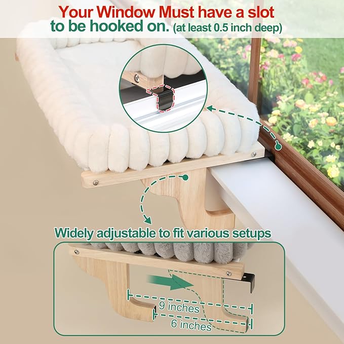 Zakkart SnugCloud Cat Window Perch with 4-Sided Bolster - Orthopedic Cat Hammock for Window Sill - Solid Hardwood & Metal Frame - Window Seat for Pets (Natural Color Wood w/Gray Bed, Large)